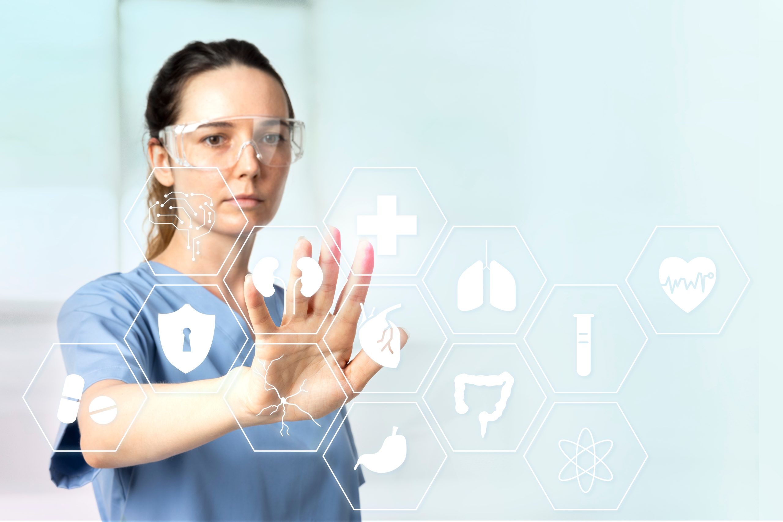Female doctor with smart glasses touching virtual screen medical technology